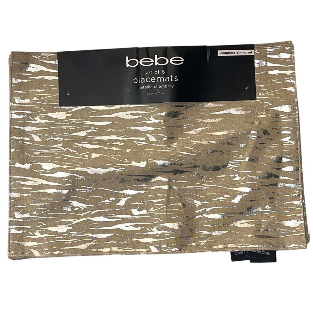 Bebe Metallic Chambray Placemats Set Of 6 Metallic Silver & Beige 14" x 20" NEW